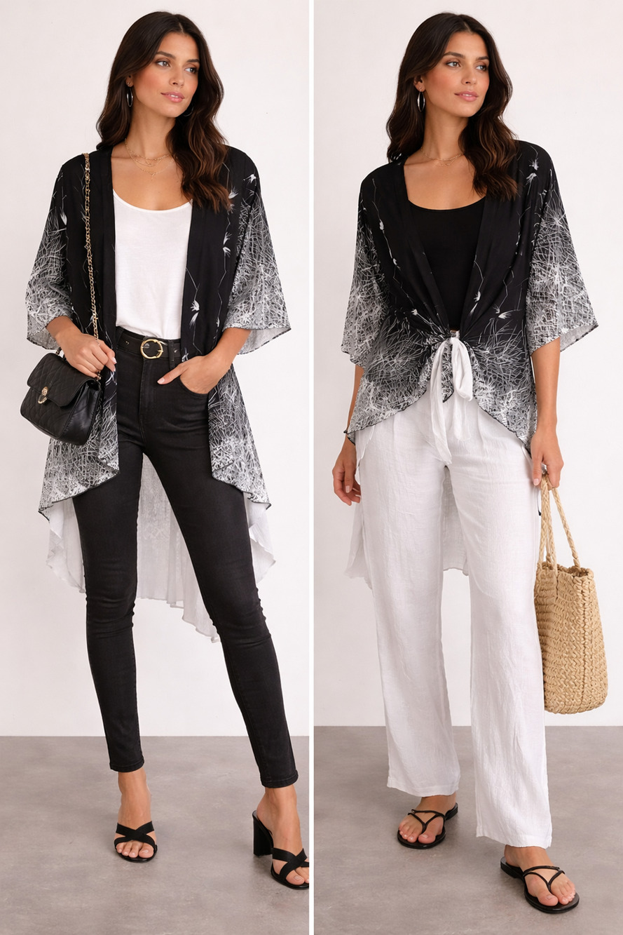 Vintage Concept Kimono L Black White Abstract double Layered Boho Gauze Duster L